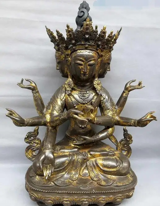 32 &quotКитайский Старый Бронзовый позолоченная скульптура резной буддизм 4 лица 8