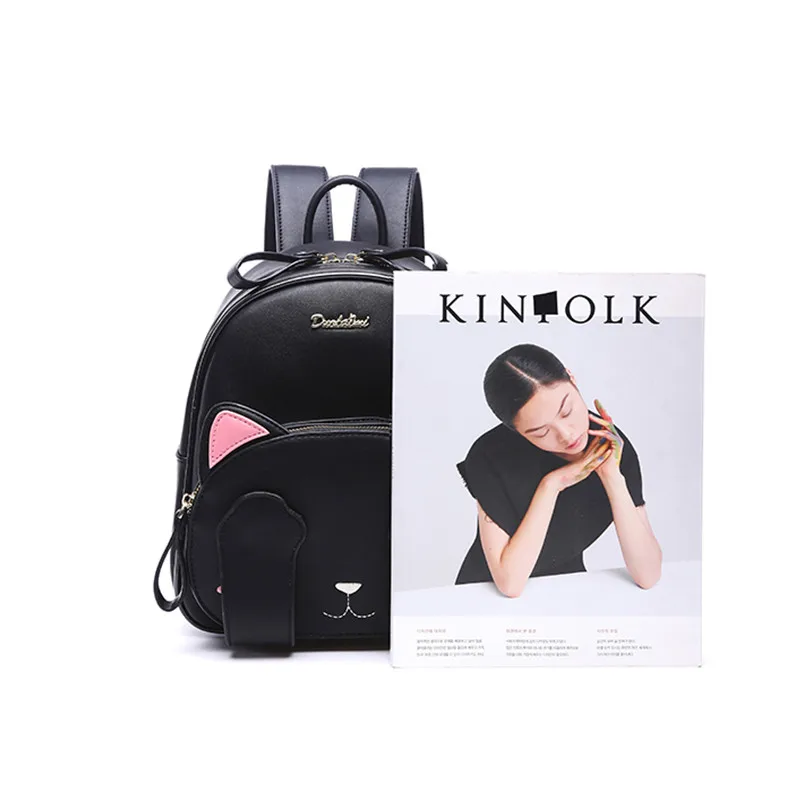 Женский кожаный рюкзак Vento Marea черный из искусственной кожи с ушками для девочек