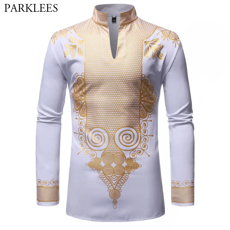 

Men's Mandarin Collar African Dashiki Longline Shirt 2019 Brand Long SLeeve Tribal Ethnic Print Dress Shirt Men African Clothing