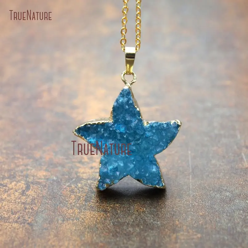 

Ocean Starfish Shape Stone Pendant Titanium Blue Colors Druzy Agates Simple Design Gold Copper Chains In 18 inch NM11190