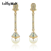 longway imitation pearl earrings fashion gold color long earrings full austrian crystal dangle earrings for women ser140313