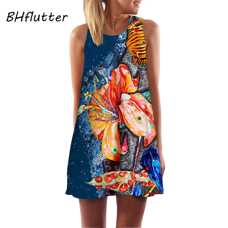 BHflutter мини-платье с цветочным принтом для женщин, стиль, без рукавов, летнее шифоновое платье, повседневные свободные платья в стиле бохо, Vestidos Verano