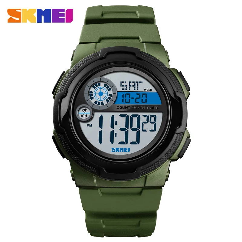SKMEI NEW Sports Watch Men Stopwatch 5bar Waterproof Wristwatch PU Wristband Alarm clock Digital Watches erkek kol saati 1437 - Цвет: Army green watch