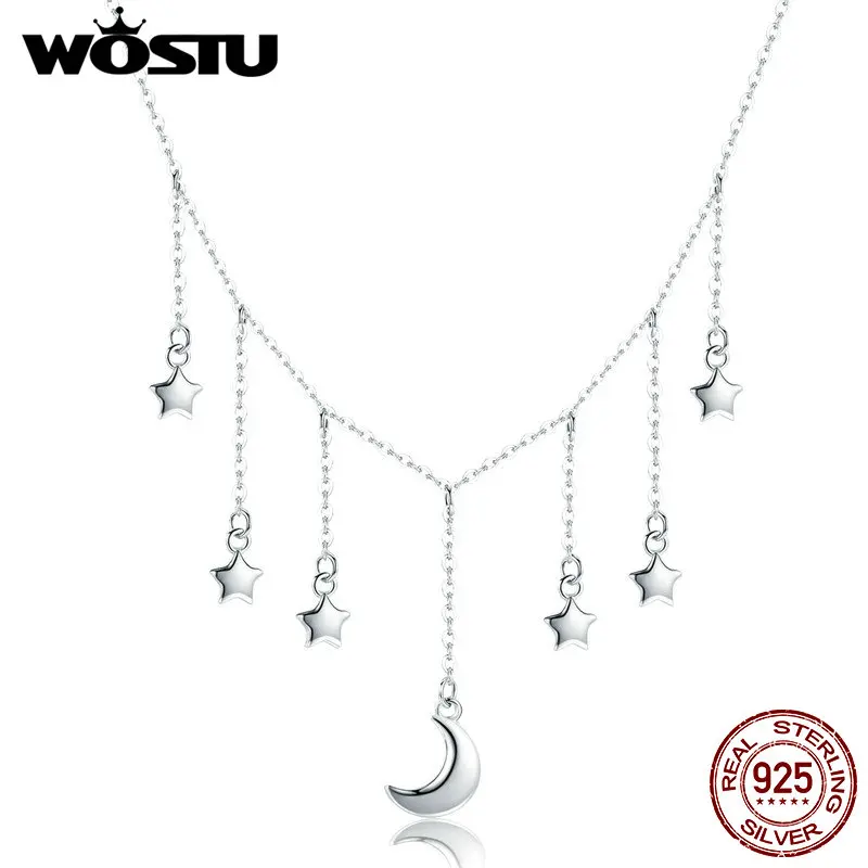WOSTU подлинные 925 пробы Серебряные звезды и цепочки луна ожерелье для женщин S925 Серебряные Брендовые украшения подарок на год CQN301