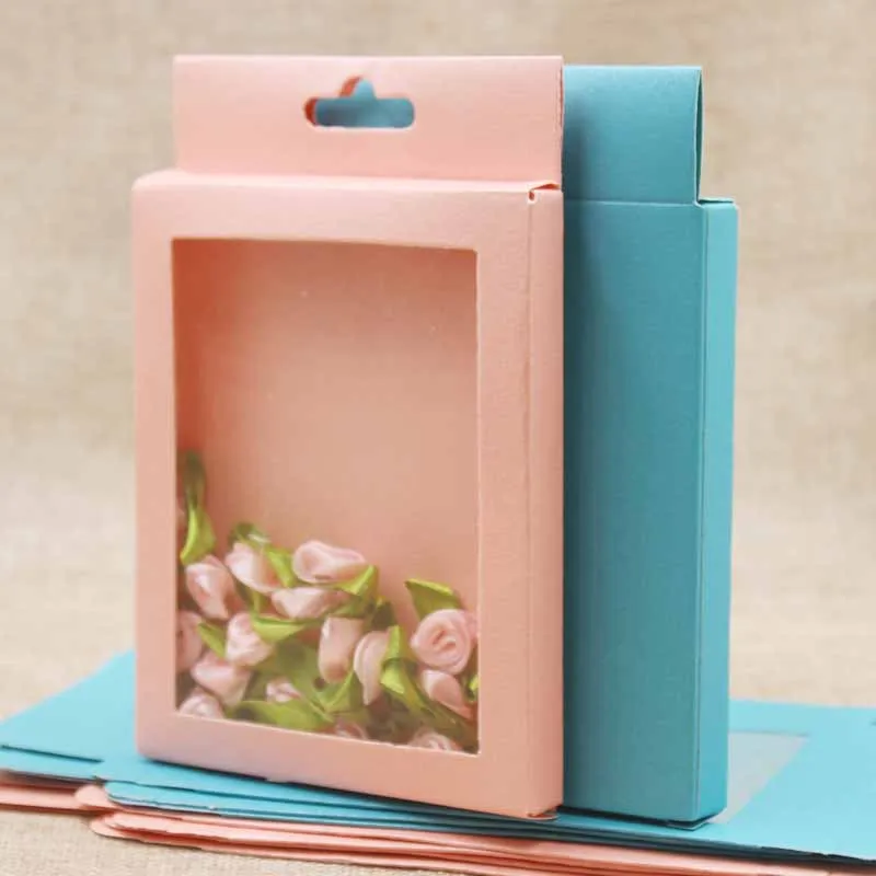 Feiluan14*9cm pink/blue window hanger package box .candy/wedding favors /gifts with clear pvc Diy paper gift box10pcs | Дом и сад