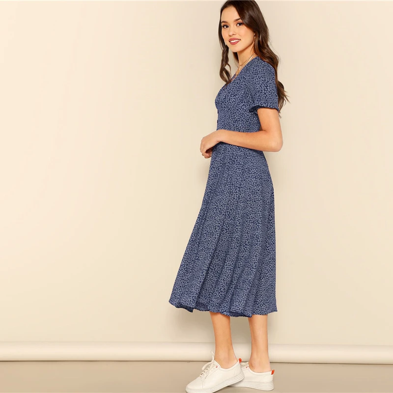 SHEIN модное женское платье с v-образным вырезом и пуговицами спереди,, шикарное летнее бордовое ТРАПЕЦИЕВИДНОЕ ПЛАТЬЕ С Коротким Рукавом и расклешенными рукавами