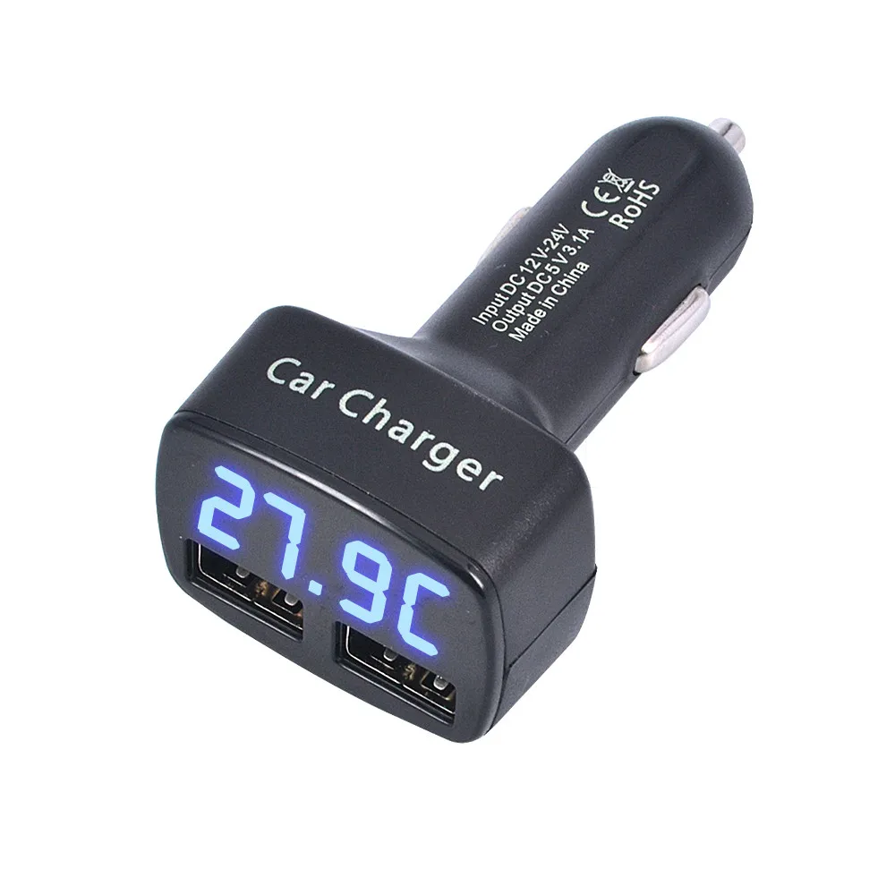 4 в 1 5 в 3,1 а автомобильное зарядное устройство с двумя портами usb адаптер Разъем для мобильного телефона планшета ПК цифровой светодиодный дисплей Температура для iPhone - Название цвета: black with blue