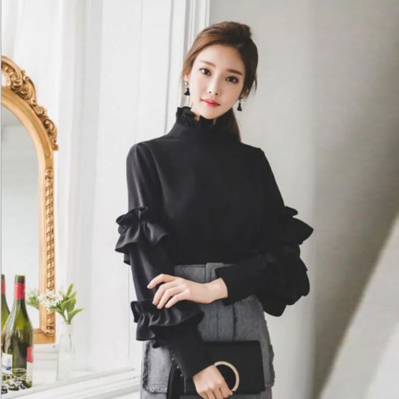 as picture Blusas Mujer De Moda, модные шифоновые блузки с оборками, женские рубашки, Офисная Леди, лист лотоса, черная тонкая задняя просвечивающаяся блузка - Цвет: as picture
