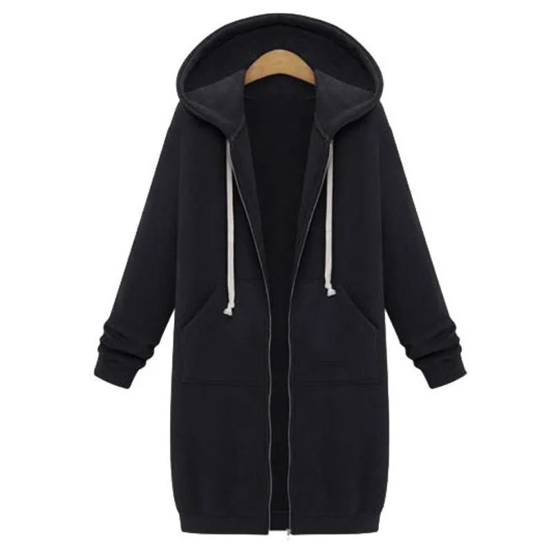 

Winter Women Casual Long Hoodies Sweatshirt Coat Pockets Zip Up Outerwear Hooded Clothes Plus Size Tops