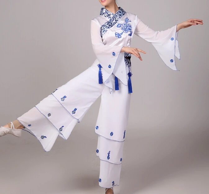 Китайский классический танцевальный костюм для взрослых женские сине белые