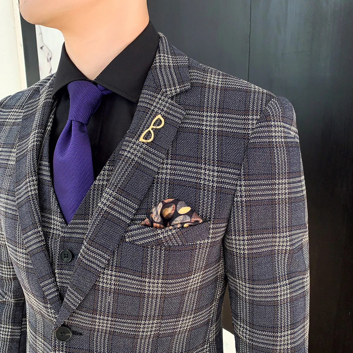 

Men Groom Wedding Dress Suits Set High Quality Jackets+Vest+Pants Suits Slim Fit Formal Wear Plaid Blazers Boutique Suits