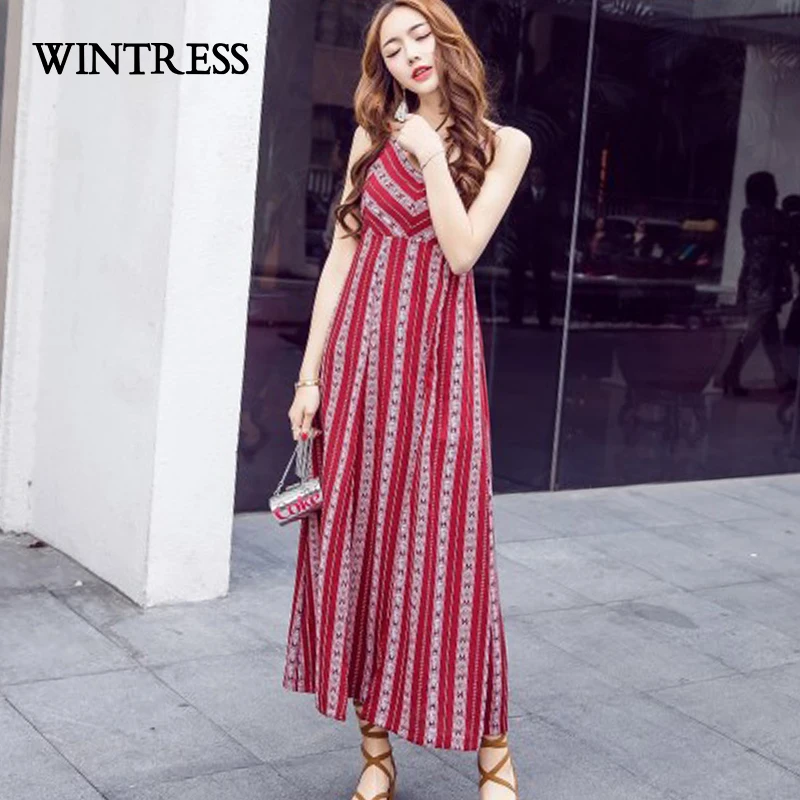 Wintress Лидер продаж Винтаж Лето Тощий Платье Sexy спинки повязку полосатый принт V