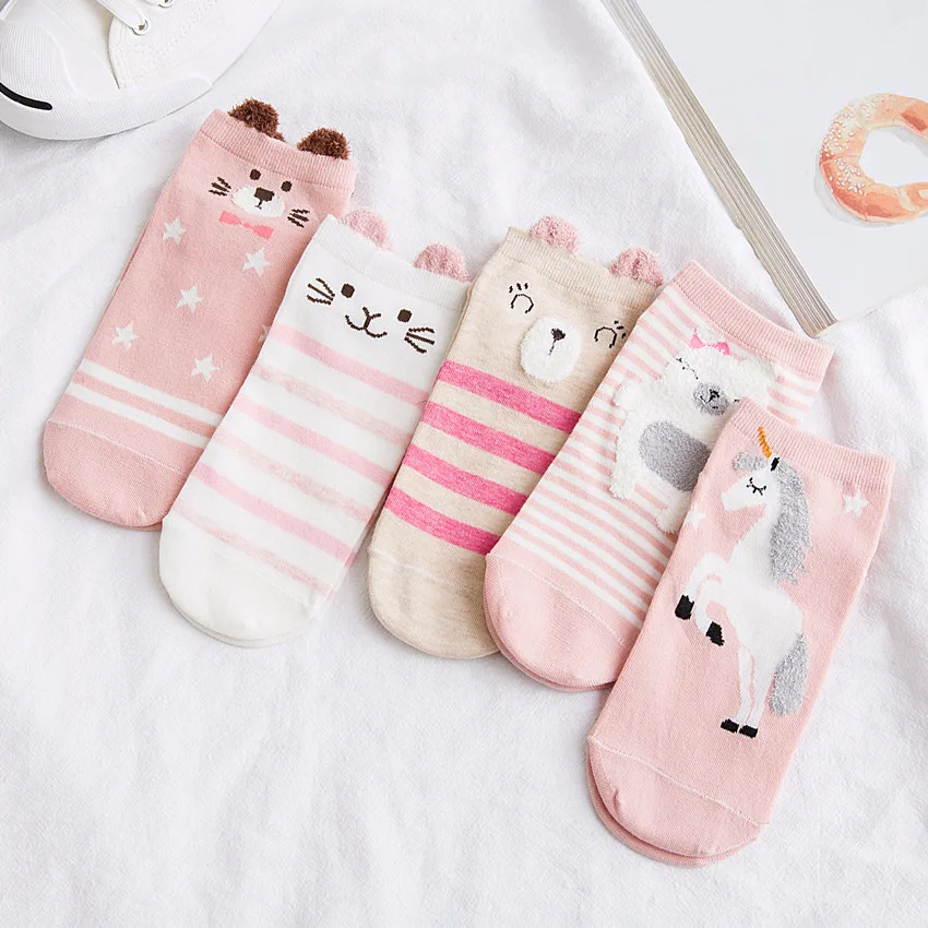 5 пар, хлопковые женские носки с милыми животными, котом, собакой, летние короткие носки Kawaii, забавные низкие носки-башмачки с ушками, красные носки с сердечками для девочек