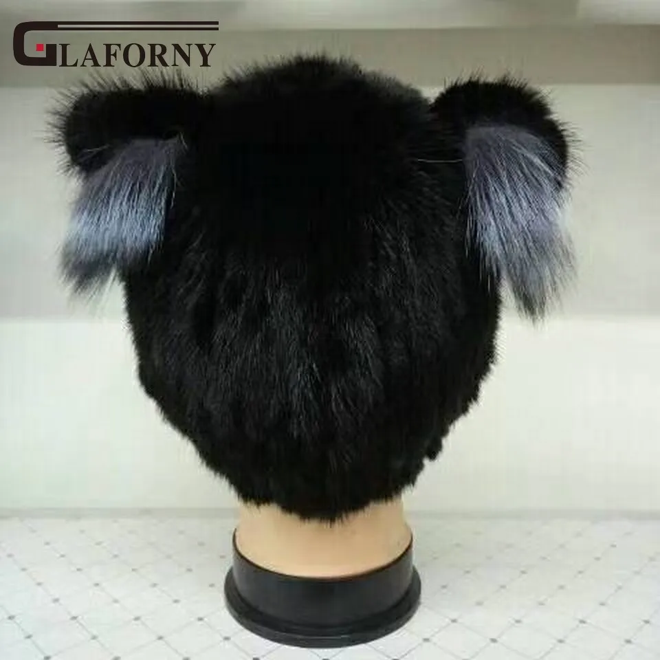 Glaforny Новые Вязаные норковые меховые шапки с милыми кошачьими ушками из лисьего меха в полоску для русской женщины зимние теплые меховые шапки бини винно-красного цвета