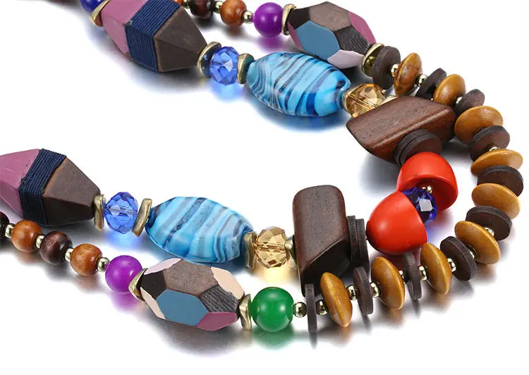 Colorful bead necklace multilayer rope necklaces for women wooden beaded resin adjustable handmade choker necklace eManco
