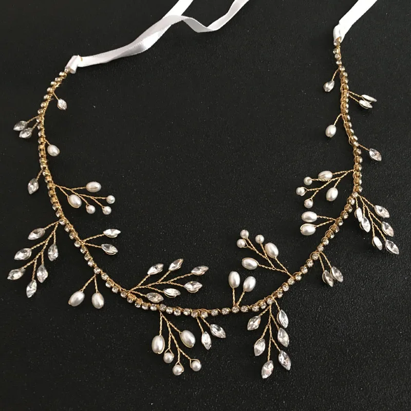 

SLBRIDAL Handmade Gold Crystal Rhinestones Pearls Floral Wedding Headband Accessories Bridal Hair Vine Women Jewelry