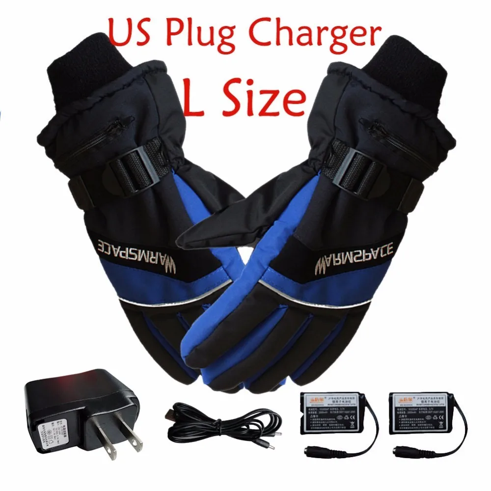 US Plug Blue L size 1 пара, зимние USB грелки для рук, электрические тепловые перчатки, водонепроницаемые перчатки с подогревом, на батарейках, для мотоцикла, лыжного спорта, Прямая поставка - Цвет: US Plug Blue L size
