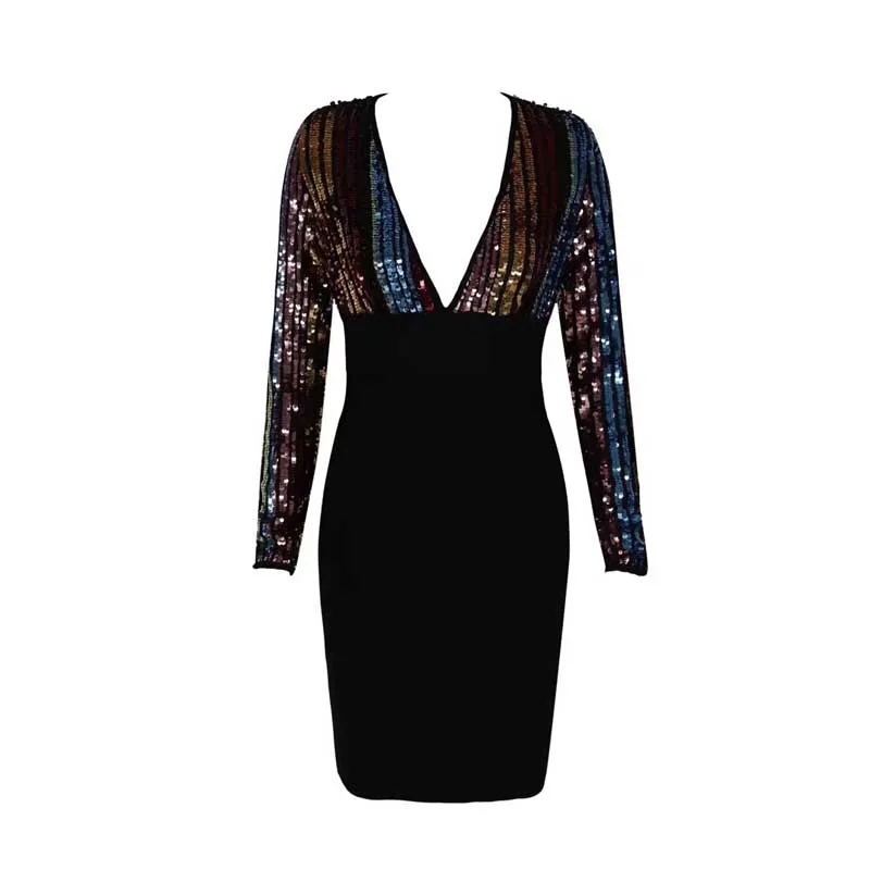 Wholesale Newest Women Black long sleeve sequins Deep V-neck Sexy nightclub celebrity cocktail party bandage dress(H2722) | Женская