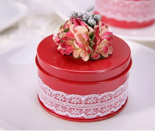 red Романтический Tiffany/розовый/красный/фиолетовый/цилиндр жестяная, для конфет коробки с silkflower и кружевная Свадебная вечеринка поставки 20 шт./лот DEC099 - Цвет: red