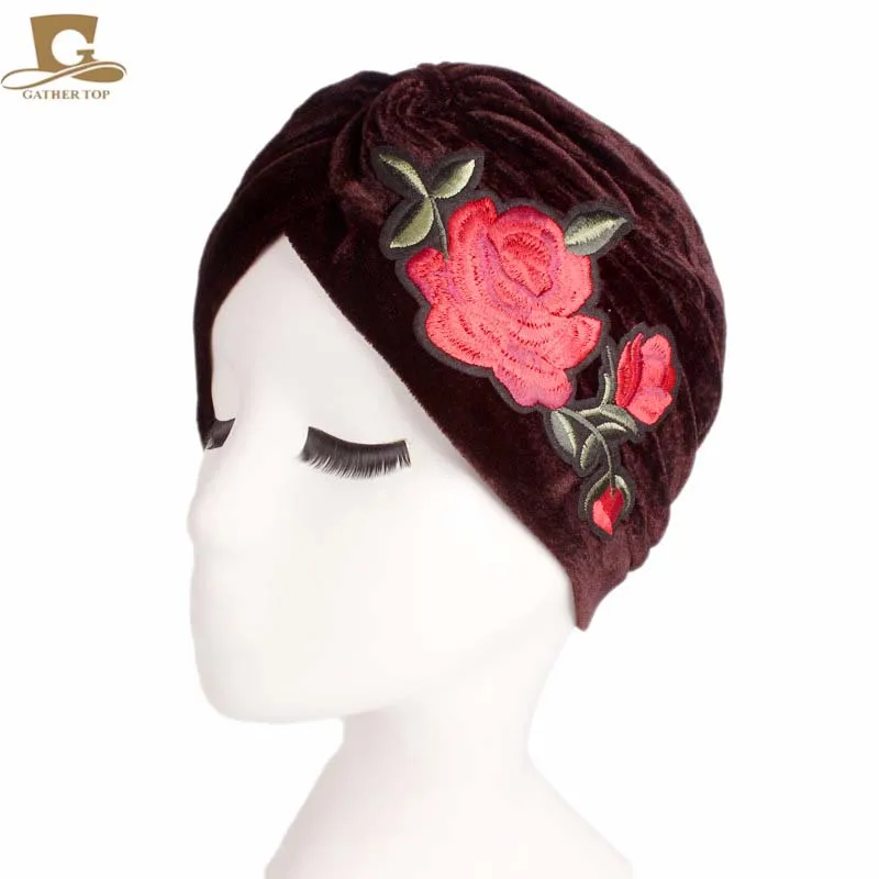 

10pcs/lot New Fashion luxury women rose flower Casual Double Stretch Velvet Turban Headwrap Turbante Hat Women Hijab Headwear