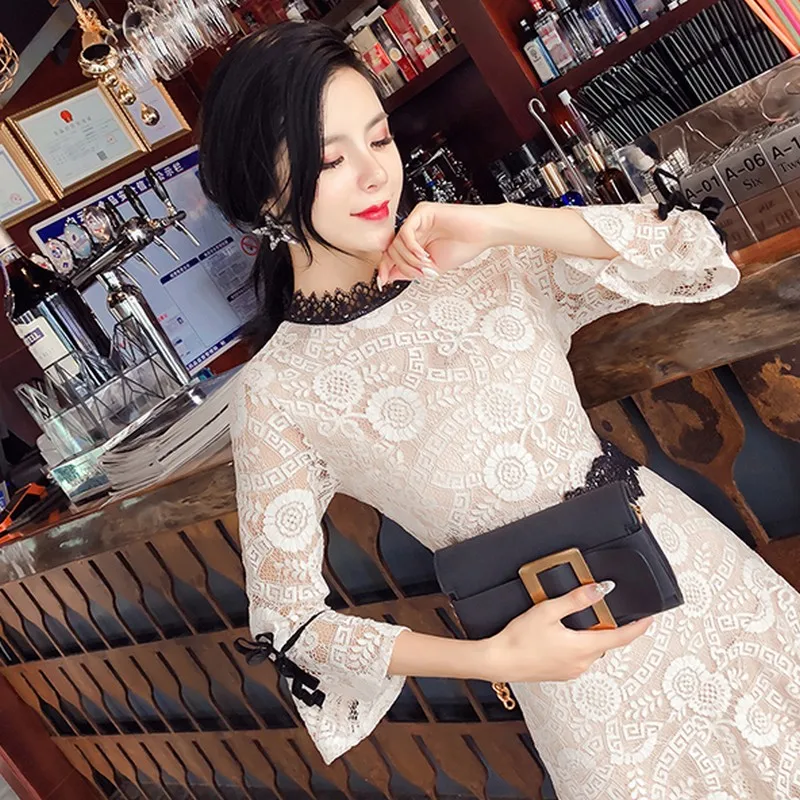 2018 осень зима новые женские хит Цвет темперамент кружевном платье Для Женщин Рог