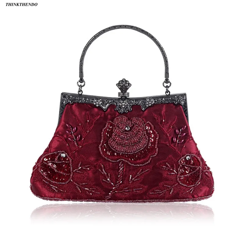 Wine red THINKTHENDO, новинка, винтажный стиль, расшитый бисером, Цветочный, с блестками, вечерний клатч, сумка для свадьбы, вечеринки, выпускного вечера, сумочка - Цвет: Wine red