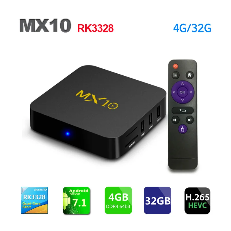 MX10 Android 8 1 Smart ТВ BOX 4 Гб DDR4 32 GB EMMC RK3328 ядра K HDR 2 ГГц WI-FI USB 3 0 Декодер каналов