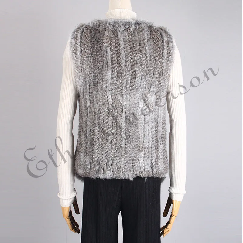 Womens Rabbit Fur Gilet Waistcoat Winter Knitted Rabbit Fur Vest Turn-down Collar Fashion Rabbit Fur Jacket Overcoat