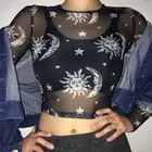 Женские сексуальные сетчатые Топы в стиле Харадзюку, прозрачная футболка с длинным рукавом, с принтом солнца, луны, звезды, клубная одежда