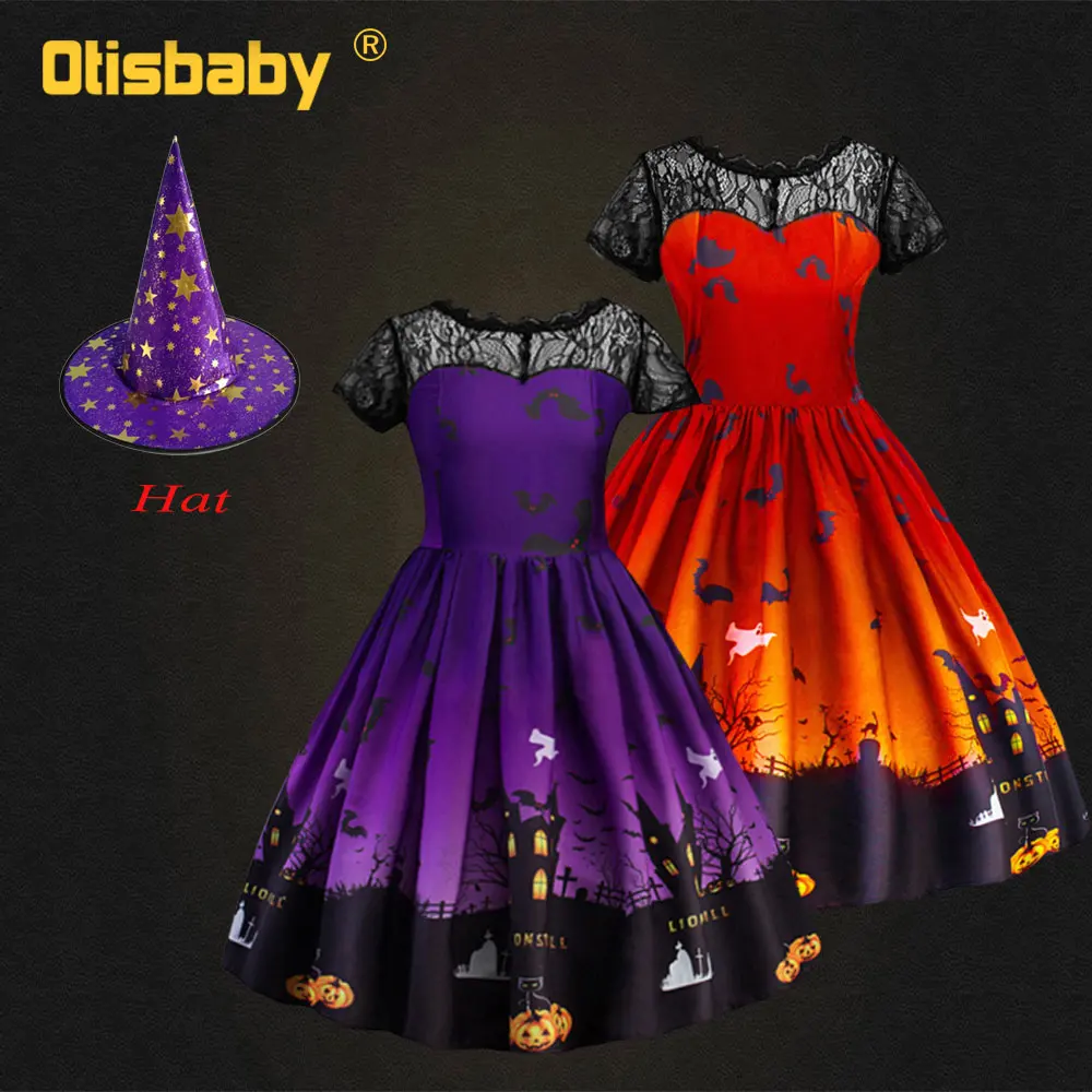 Boutique Halloween Witch Costume Girls Christmas Carnival Purple Orange Kids Lace Backless Dress Children Birthday Party | Детская