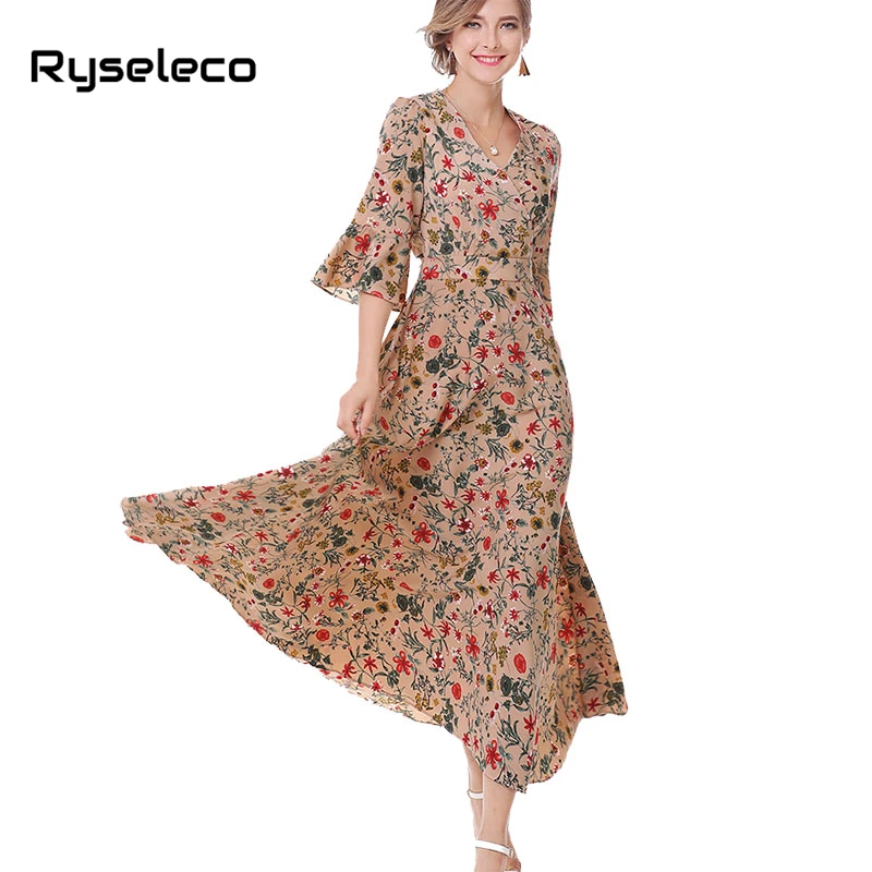 

Ryseleco Women Floral Prints Chiffon Maxi Long Dresses Female Elegant Chic Half Flare Sleeve Belt Ties Flare Dress Swing Vestido