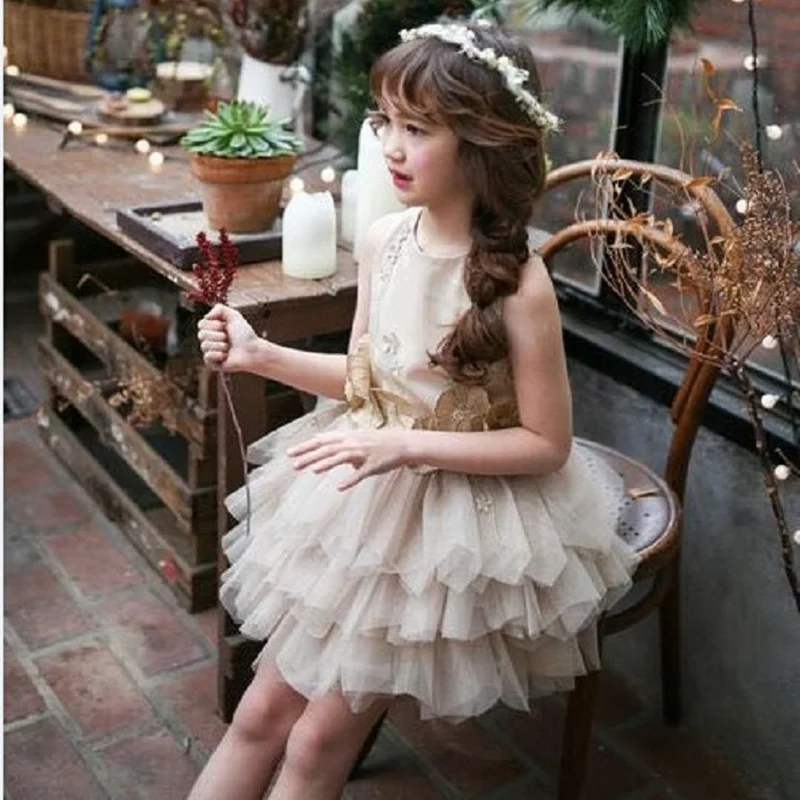 Floral Girls Flower Dresses Champagne Gold Beaded Tutu Tiered Dress Princess Baby Special Designer Irregular Party Forma | Детская