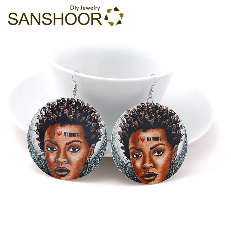 Set 2 SANSHOOR 6 см африканские деревянные висячие серьги с афро Корона волосы корни узор афроцентрик Богемия ювелирные изделия 6 пар/лот - Окраска металла: Set 2