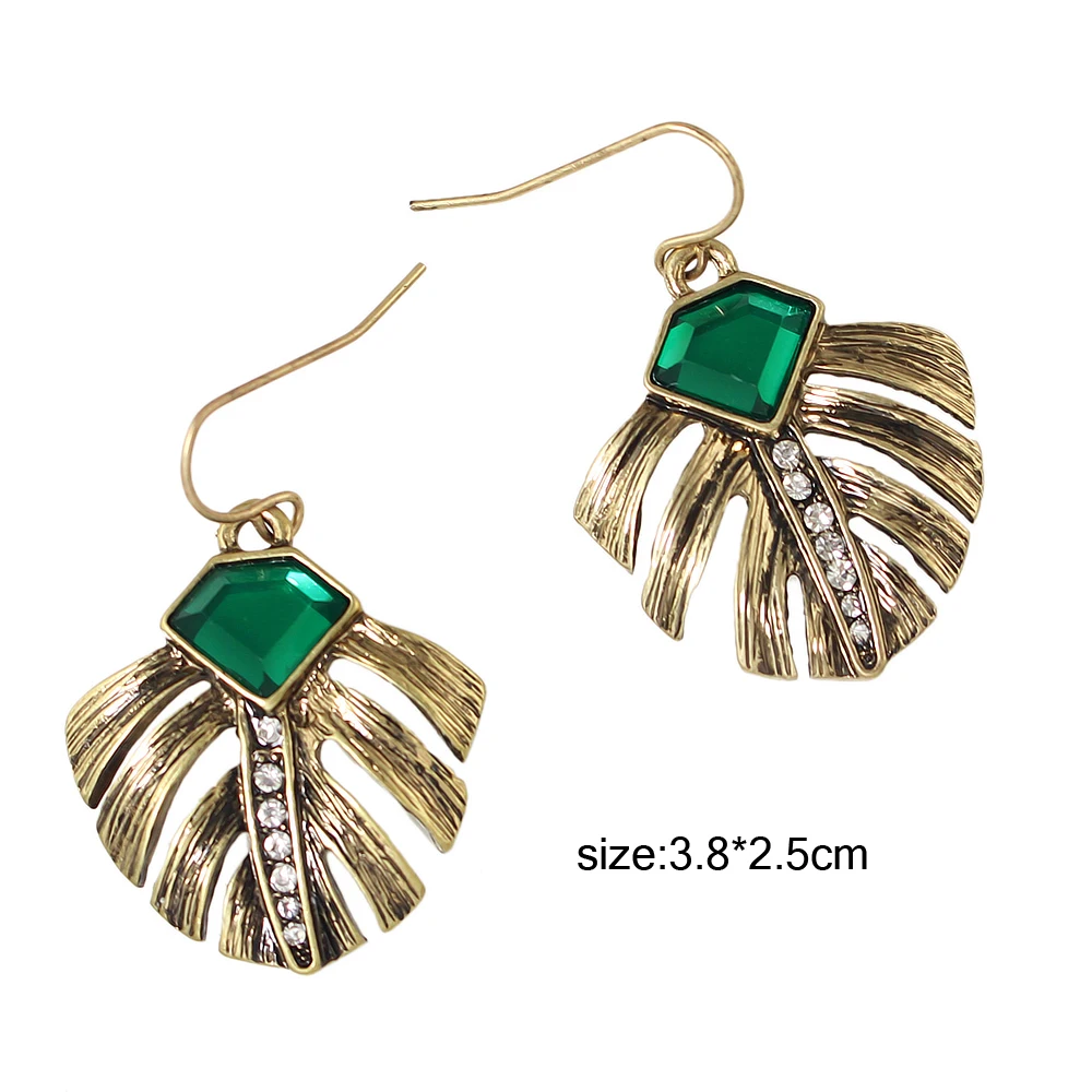Vintage Female Earrings Costume Jewelry Anqitue Gold Color with Green Stone and Rhinestone Feather Shape Dangle Brincos|dangle earrings|earrings
