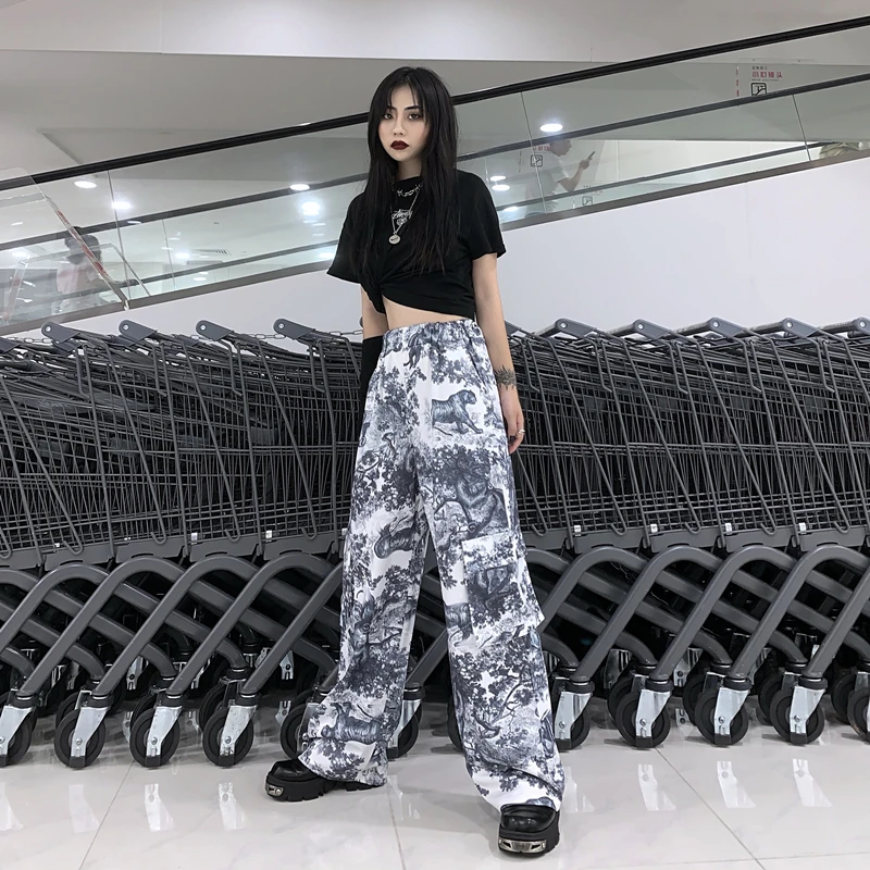 Neploe High Waist Straight Trousers Harajuku BF Style Hip-hop Leisure Pants New Women Men Digital Printed Long Pants 53634