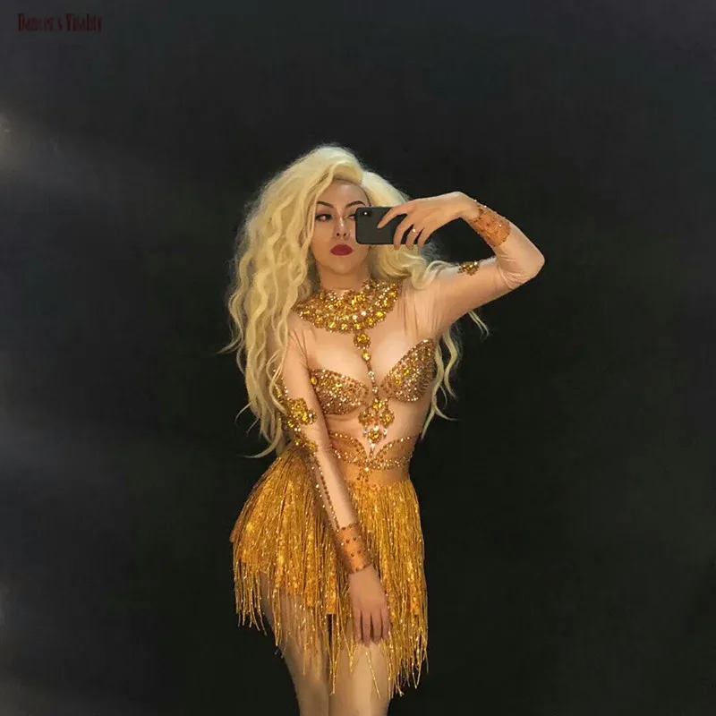Sparkly Crystals Gold Jumpsuit Stretch Tassel Outfit Celebrate Bright Rhinestones Bodysuit Costume Female Singer Birthday Dress |