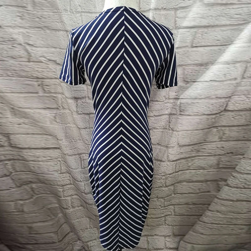 Women Dress Ladies Bodycon Fashion Business Pencil Formal Short Sleeves Stylish Round Neck Stripes Knee Length | Женская одежда