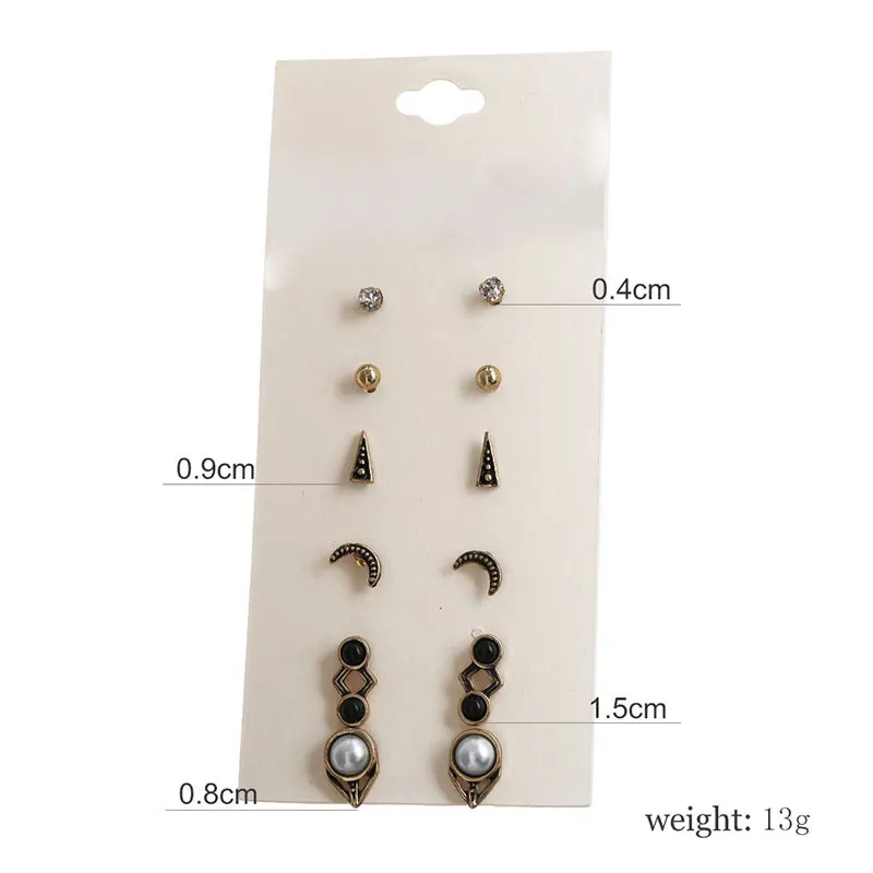 Big Sale Personality Vintage Pearl Arrow Statement Earrings Resin Crystal Moon Triangel Shape Stud For Women 6 Pair/Set | Украшения и