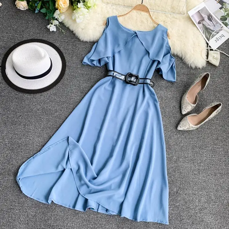 light blue Мода, Летнее Длинное Бандажное платье миди с открытыми плечами и оборками, Женские Повседневные Вечерние Элегантные пляжные платья трапециевидной формы с высокой талией и завязками - Цвет: light blue