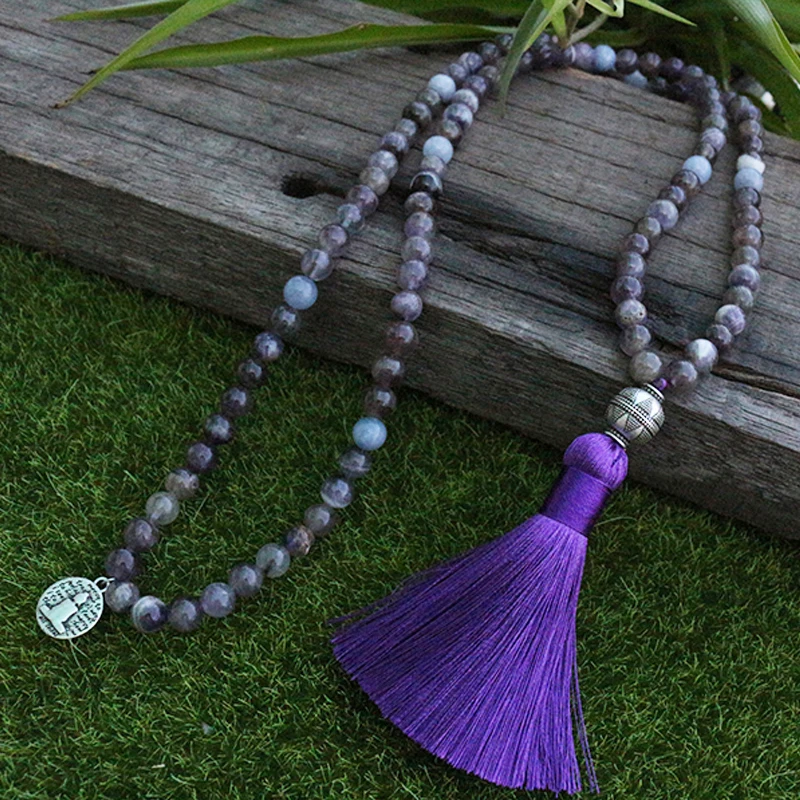 Ожерелье из бисера 8 мм с аметистом и аквамарином мала подвеска Будды JapaMala 108