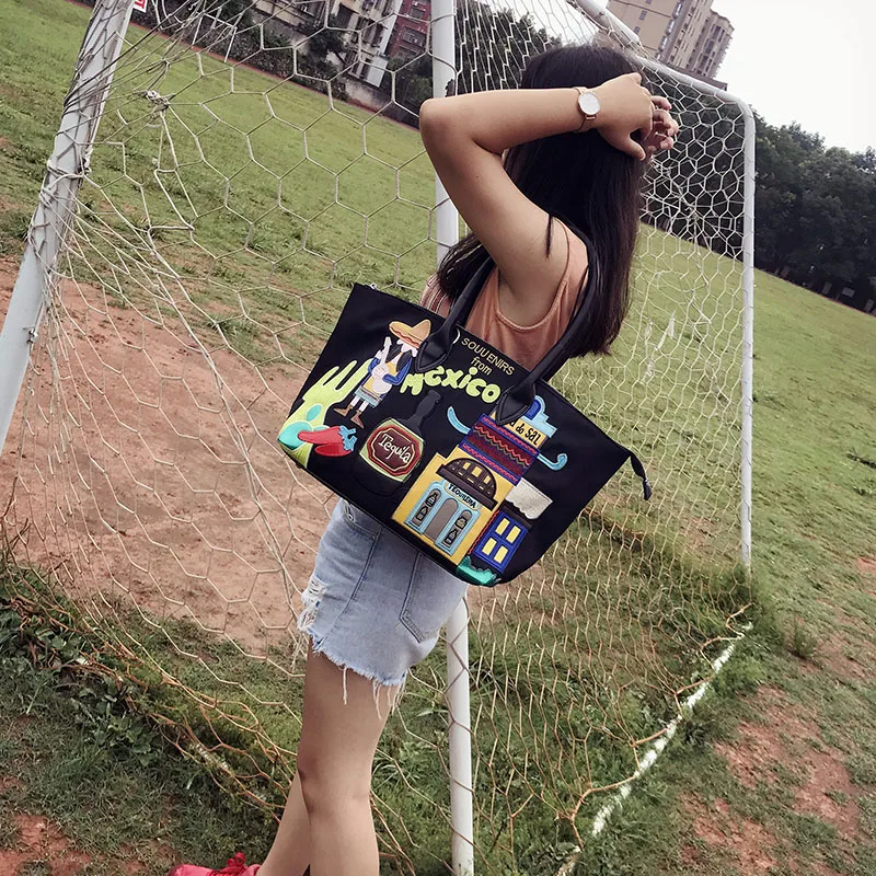 Женские Лоскутные сумки через плечо с вышивкой женские нейлоновые тоуты