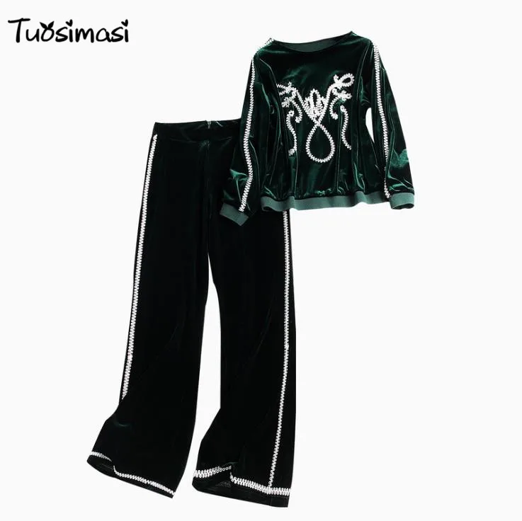 2018 spring women velvet green 2 pieces Set lace suit + Pants casual slim sets (LB106) | Женская одежда