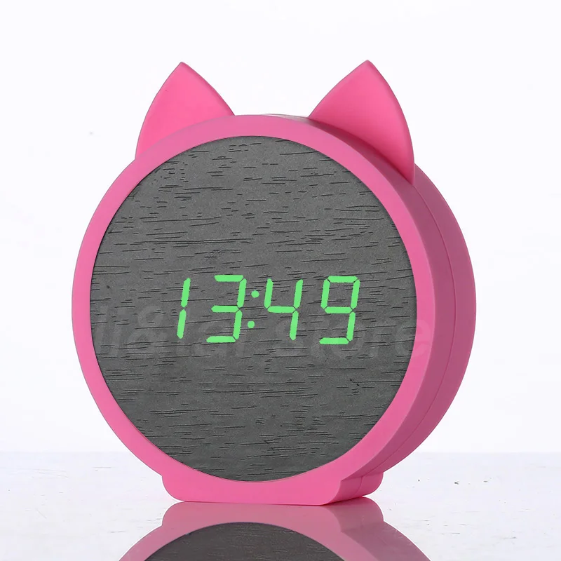 Black green-Pink Детские часы милый кот Силиконовые электронные деревянные настольные часы светодиодный Деревянный Будильник мультфильм Календарь совершенство Голосовое управление - Цвет: Black green-Pink