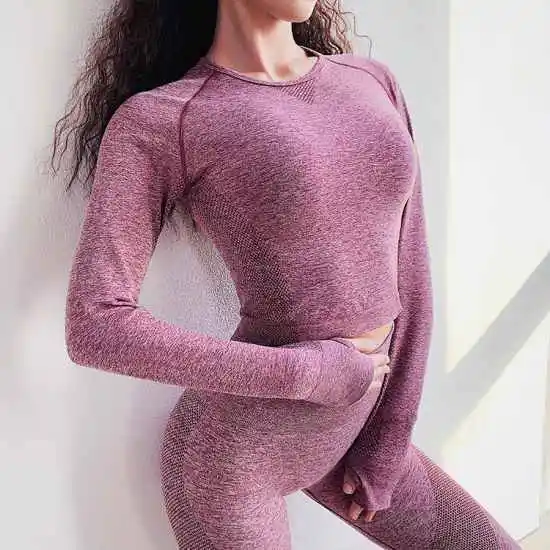 Pink 2Pcs Set Хит, Женский комплект для йоги, укороченные рубашки, одежда для спортзала+ бесшовные леггинсы, спортивный костюм для тренировок, Женский комплект с длинным рукавом для фитнеса, одежда для активного отдыха - Цвет: Pink 2Pcs Set