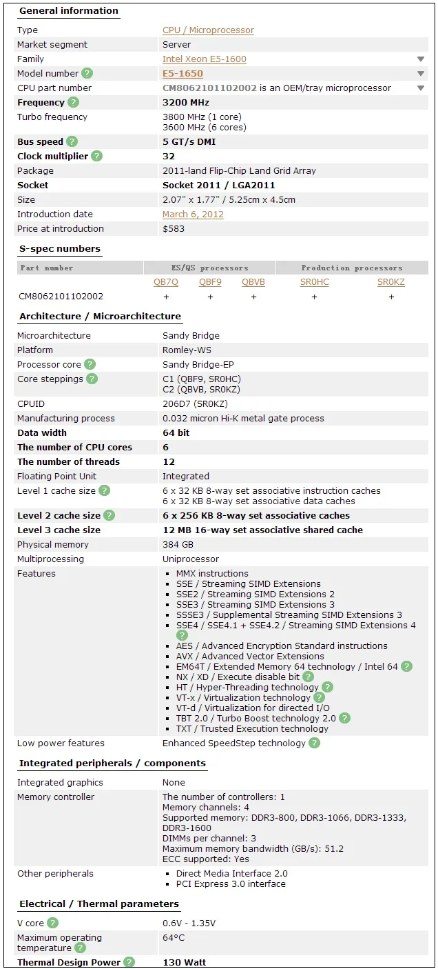 Процессор Intel Xeon E5 1650 3,2 ГГц 6 ядер 12 Мб кэш-памяти 2011 процессор SR0KZ