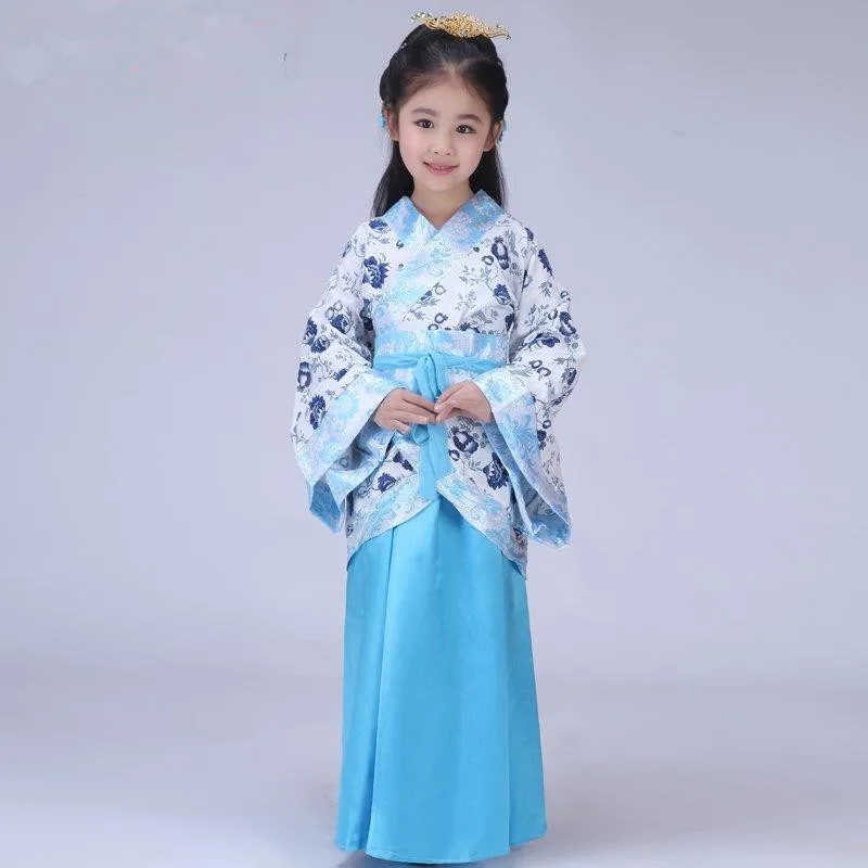 Китайский древний детский костюм Hanfu платье одежда высокое качество синий белый