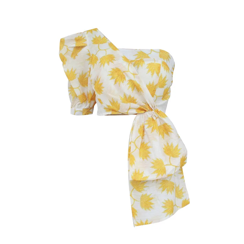 Блузки с принтом на одно плечо пышные рукава открытыми плечами открытой спиной