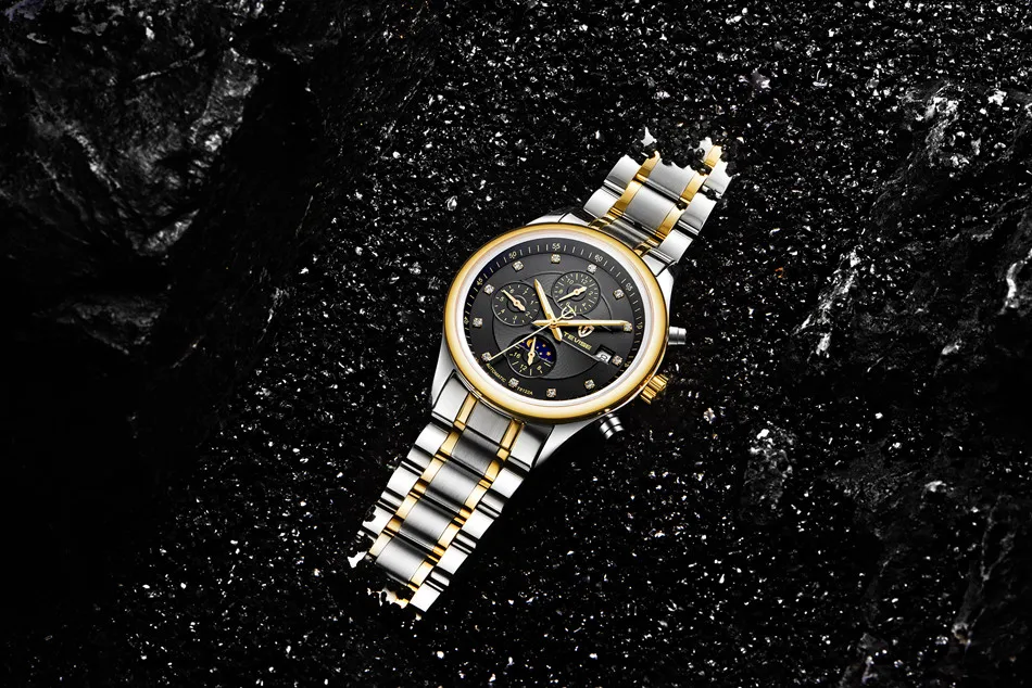 Марка TEVISE Для мужчин часы Moon Phase автоматические часы механические часы Для мужчин модные Повседневное Нержавеющая сталь наручные часы relogio
