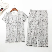 cotton print cat pajama set new 2019 summer women pajamas top capris elastic waist plus size 3xl lounge pijamas s92004
