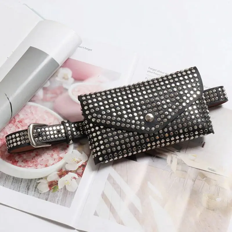 Fashion Rivets Waist Pack Luxury Designer Fanny Small Women Bag Phone Pouch Punk Belt Purse(Black) | Багаж и сумки